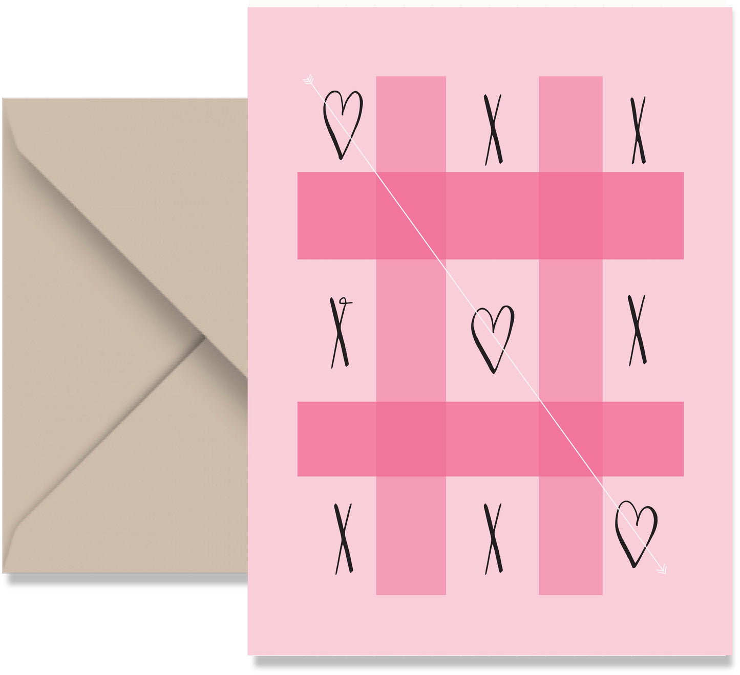 Pink card with tic-tac-toe design and hearts, accompanied by a beige envelope.