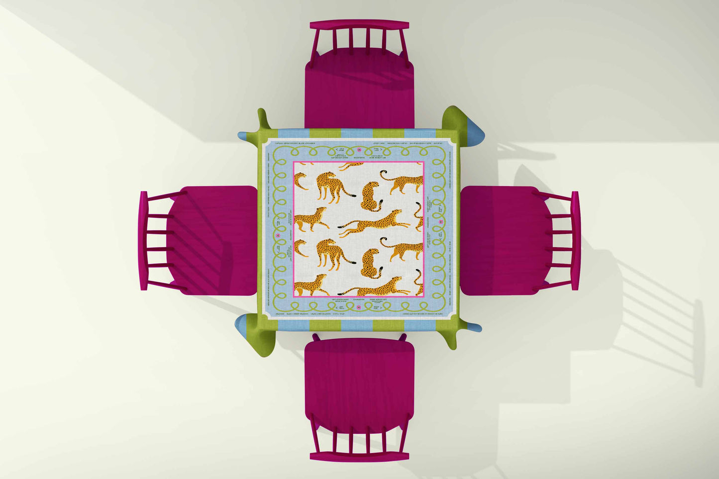 Mahjong Tablecloth top table view Cheetah print and blue and green stripes