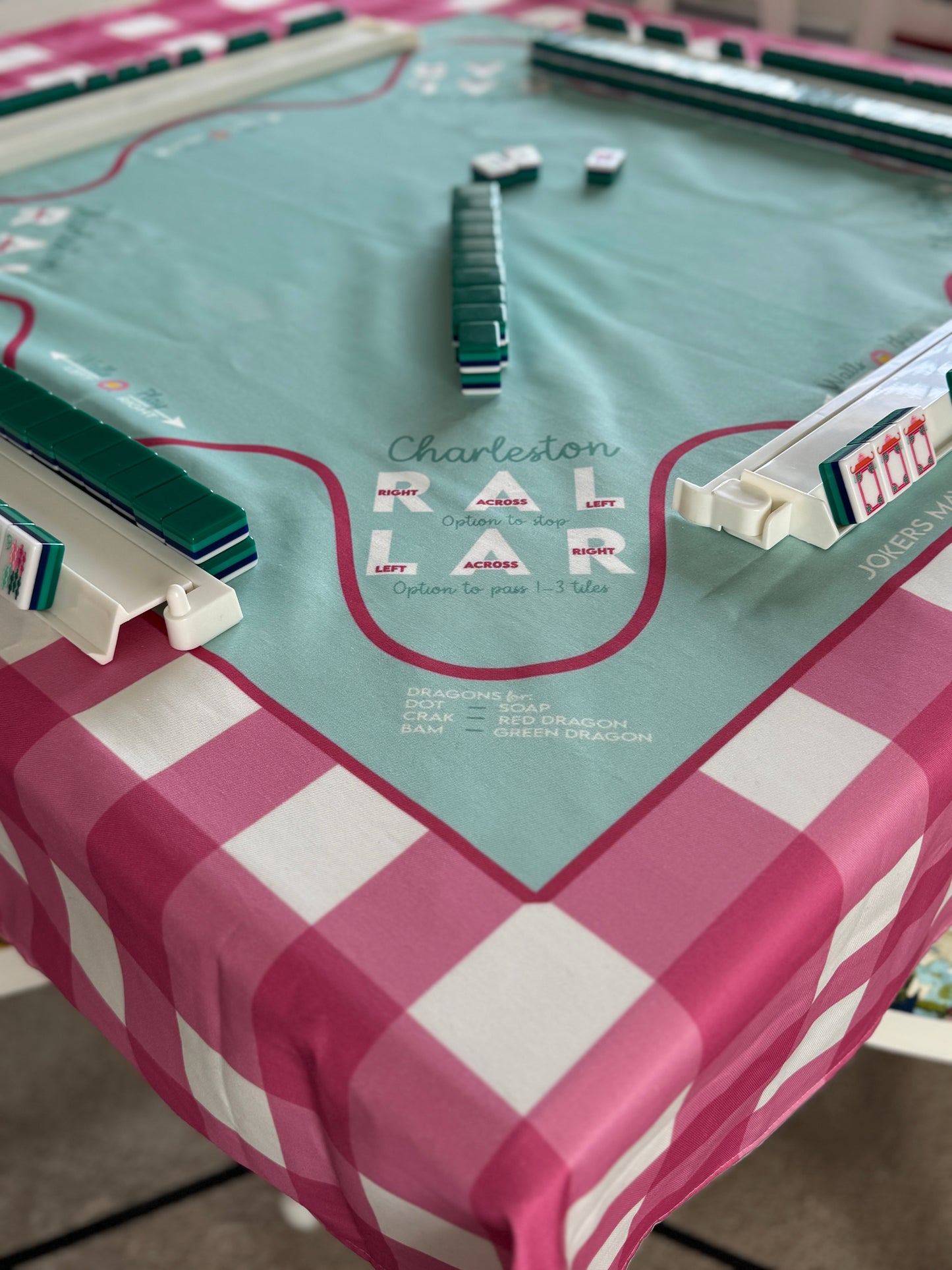 Top View - Pink Buffalo Check and Teal Mahjong tablecloth - Happy Yellow Paper