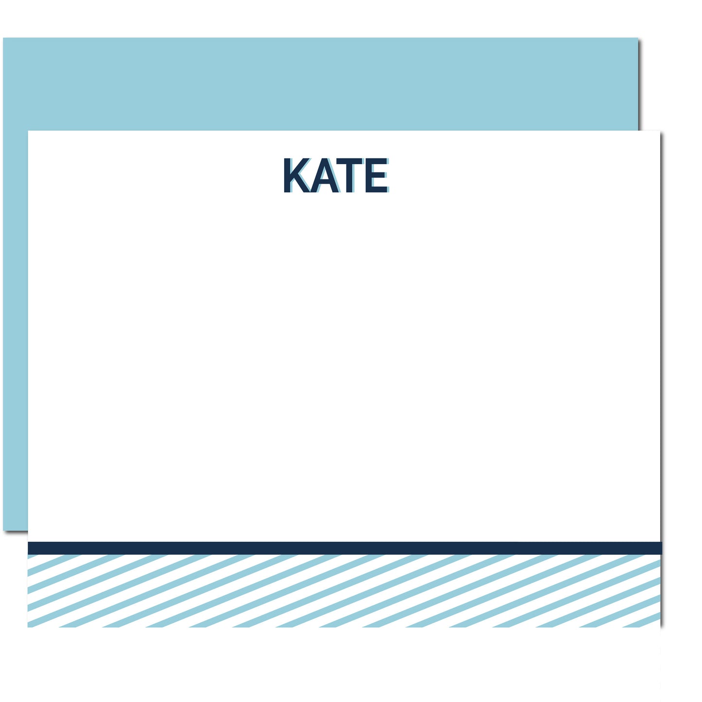 Personalized notecard with envelopes featuring blue diagonal stripes and light blue back