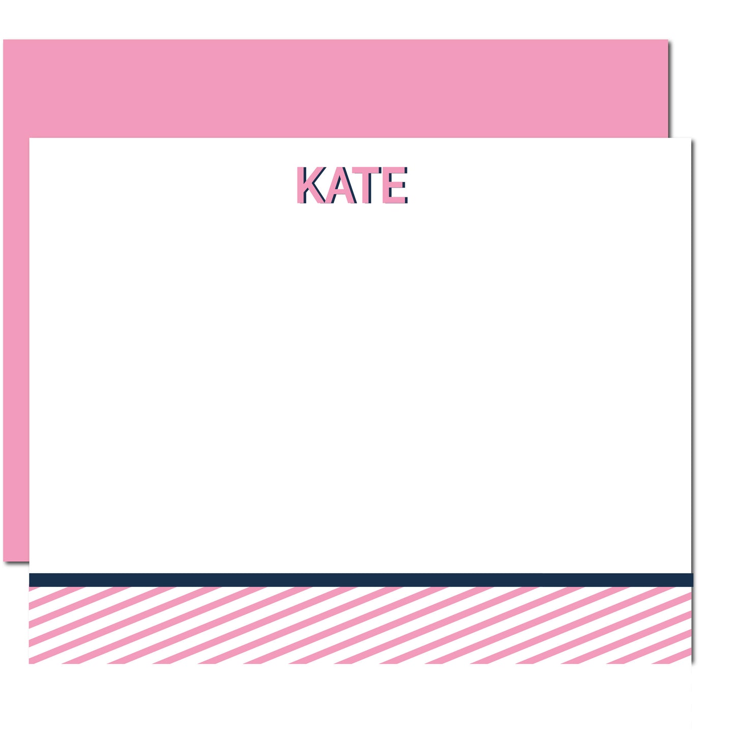 Diagonal Stripe Personalized Flat Note Cards | Pink & Navy