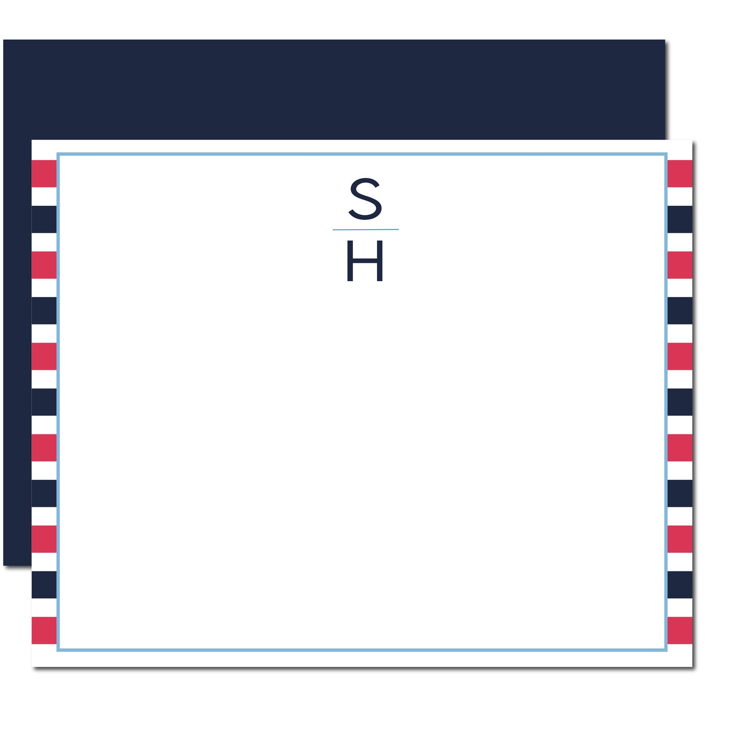 Striped Personalized Flat Note Cards | Navy & Red Stripes