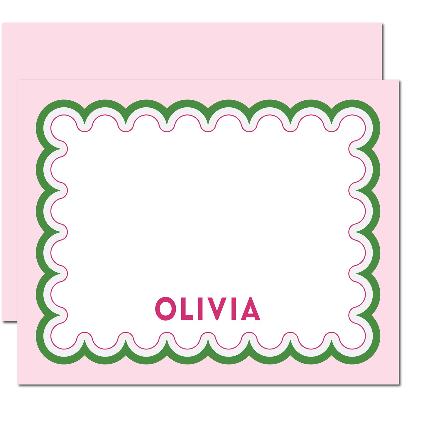 Pink personalized notecard with green scallop design, pink back, and matching envelopes