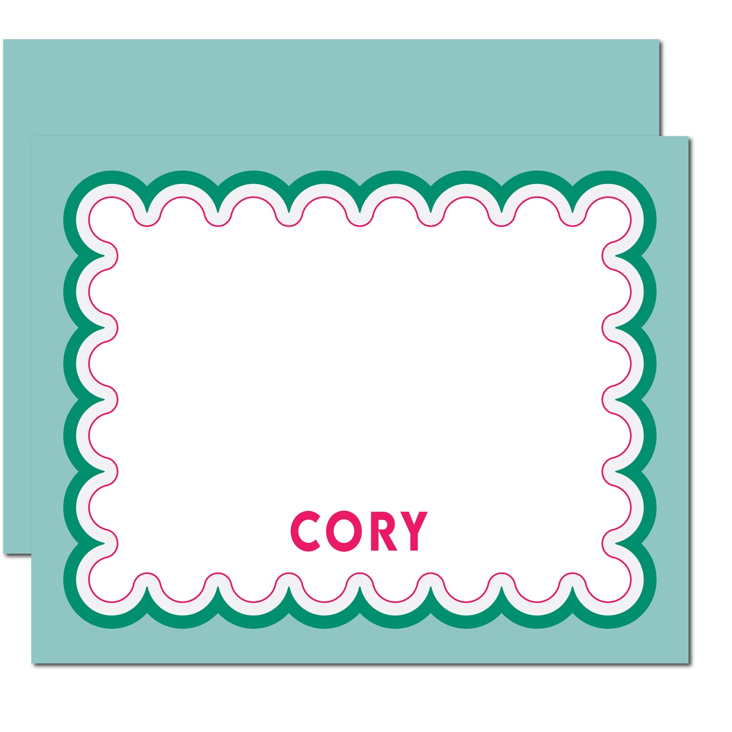 Personalized Stationery Note Cards with Scallop Border in Teal & Rasberry Pink – Includes Envelopes