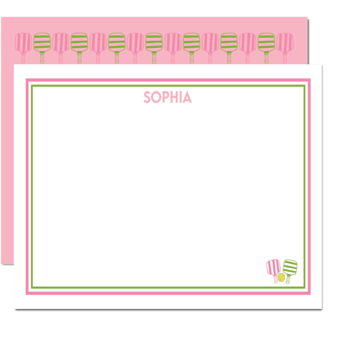 Pickle Ball Personalized Flat Note Cards | Preppy Pink & Green