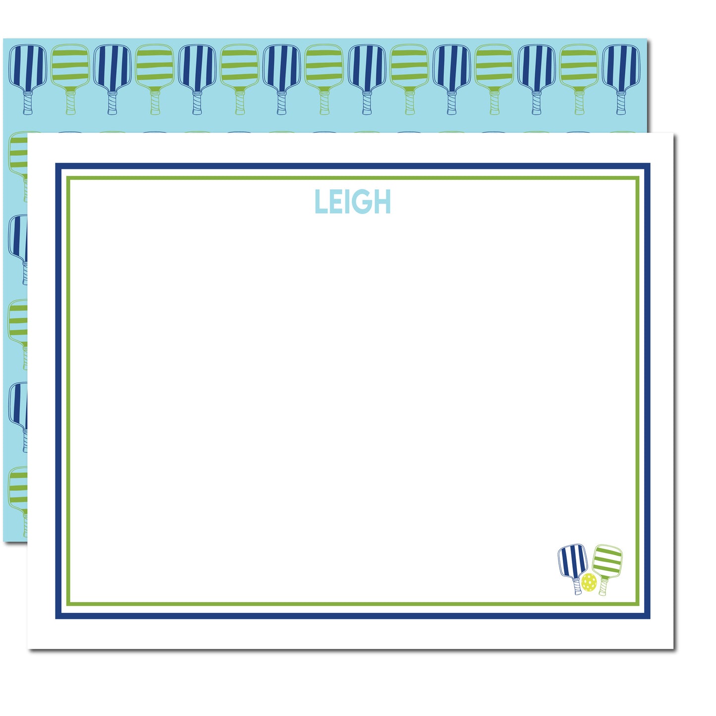 Pickle Ball Personalized Flat Note Cards | Navy & Green