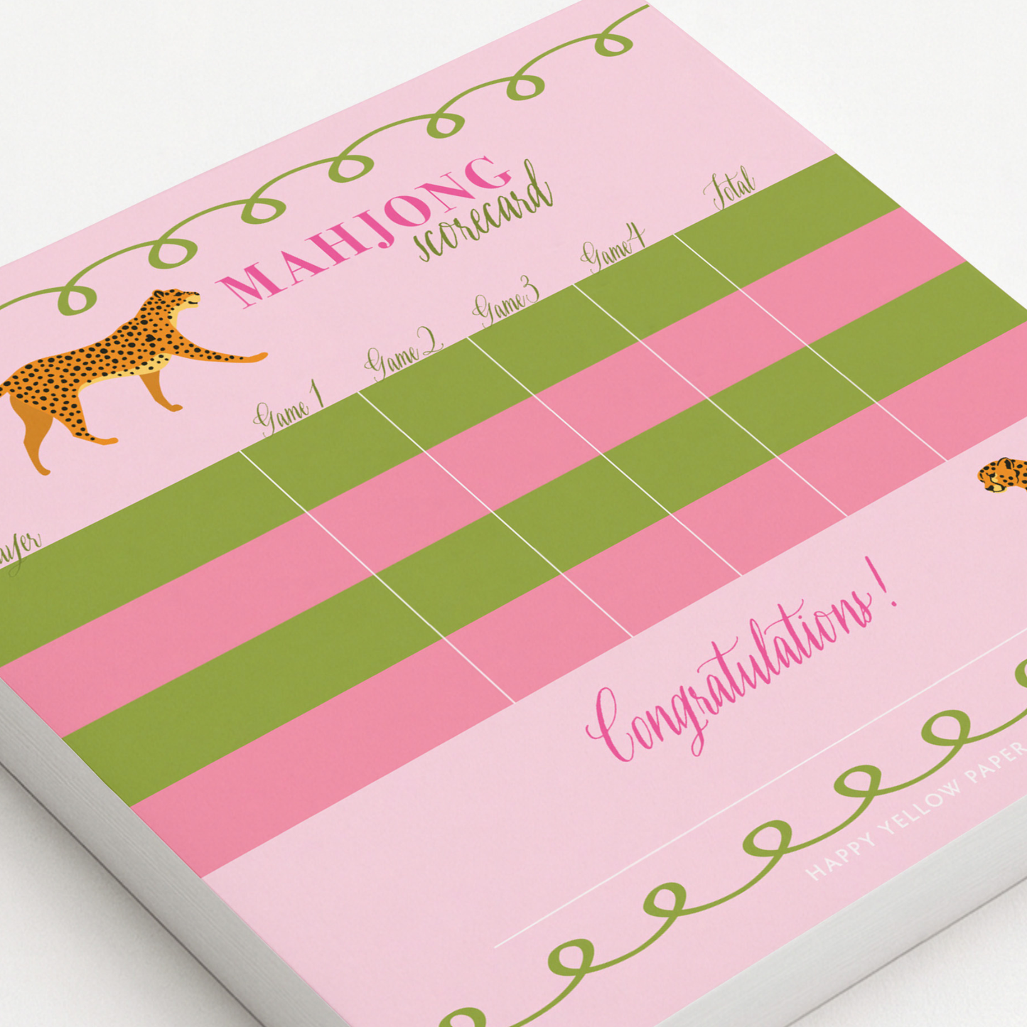 Pink and green Mahjong scorecard with cheetah design - Happy Yellow Paper