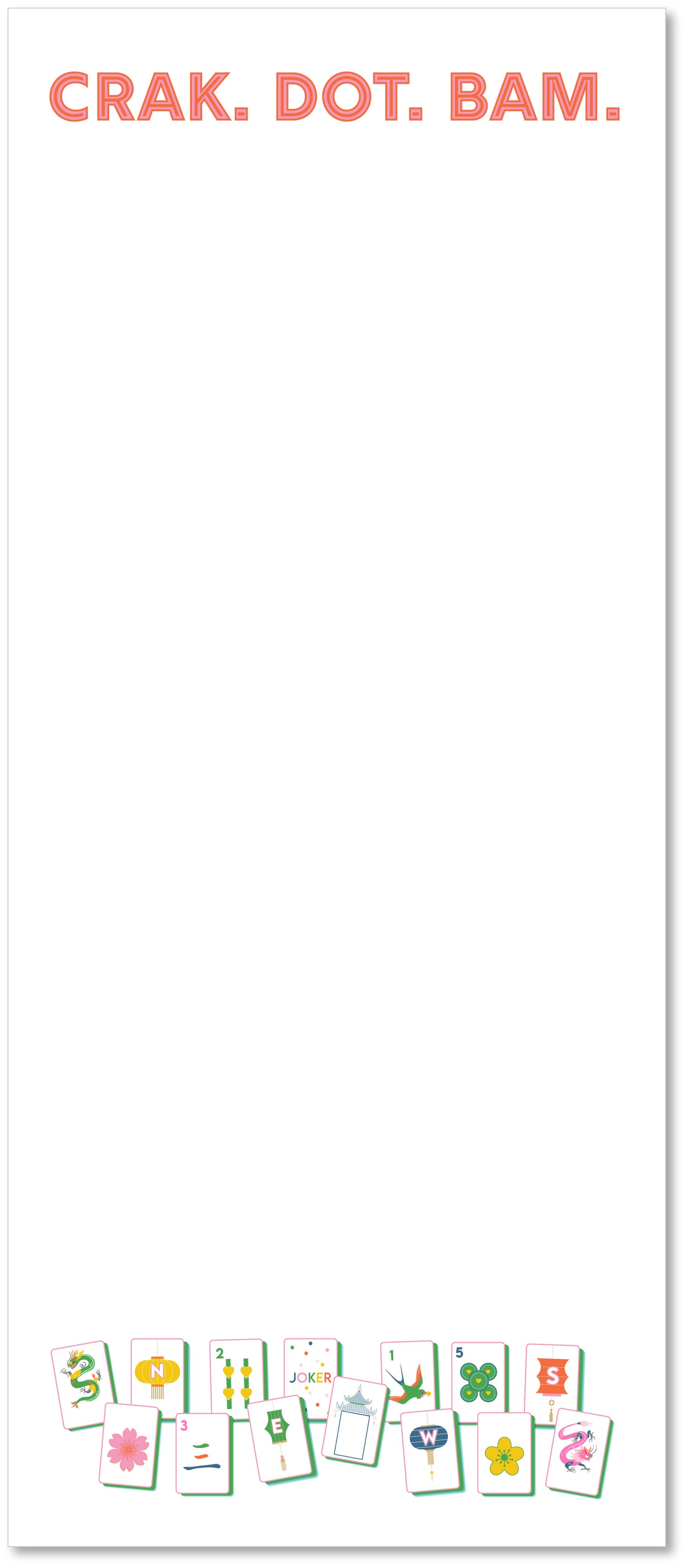 Notepad with colorful Mahjong Tiles and text 'CRAK. DOT. BAM.' at the top