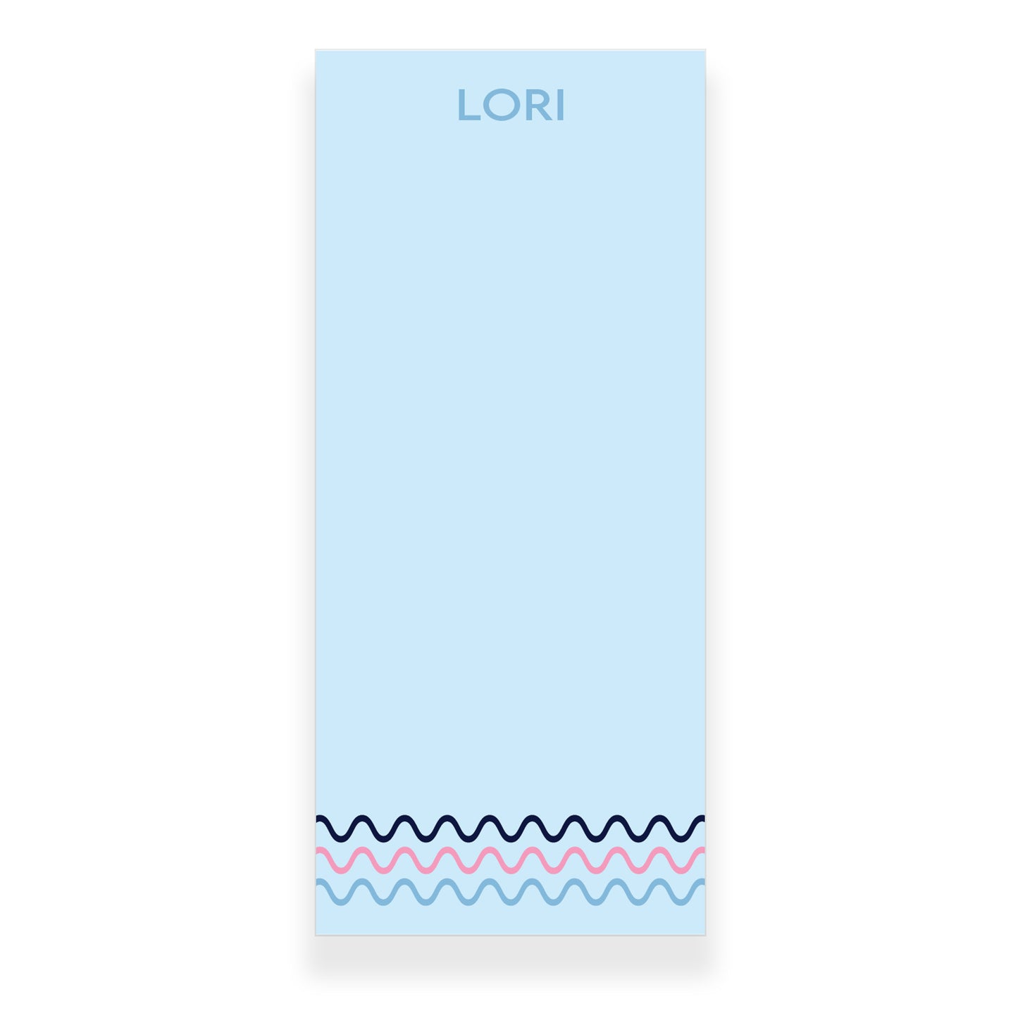 Personalized blue notepad with pink and blue wavy lines, custom name at top, available in 4 sizes