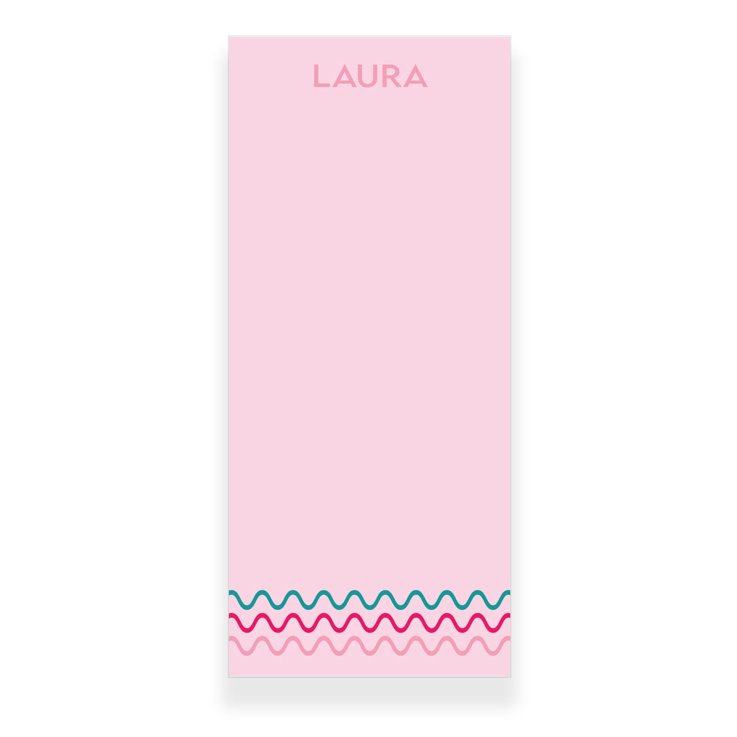 Personalized pink notepad with teal and pink wavy lines, custom name at top, available in 4 sizes