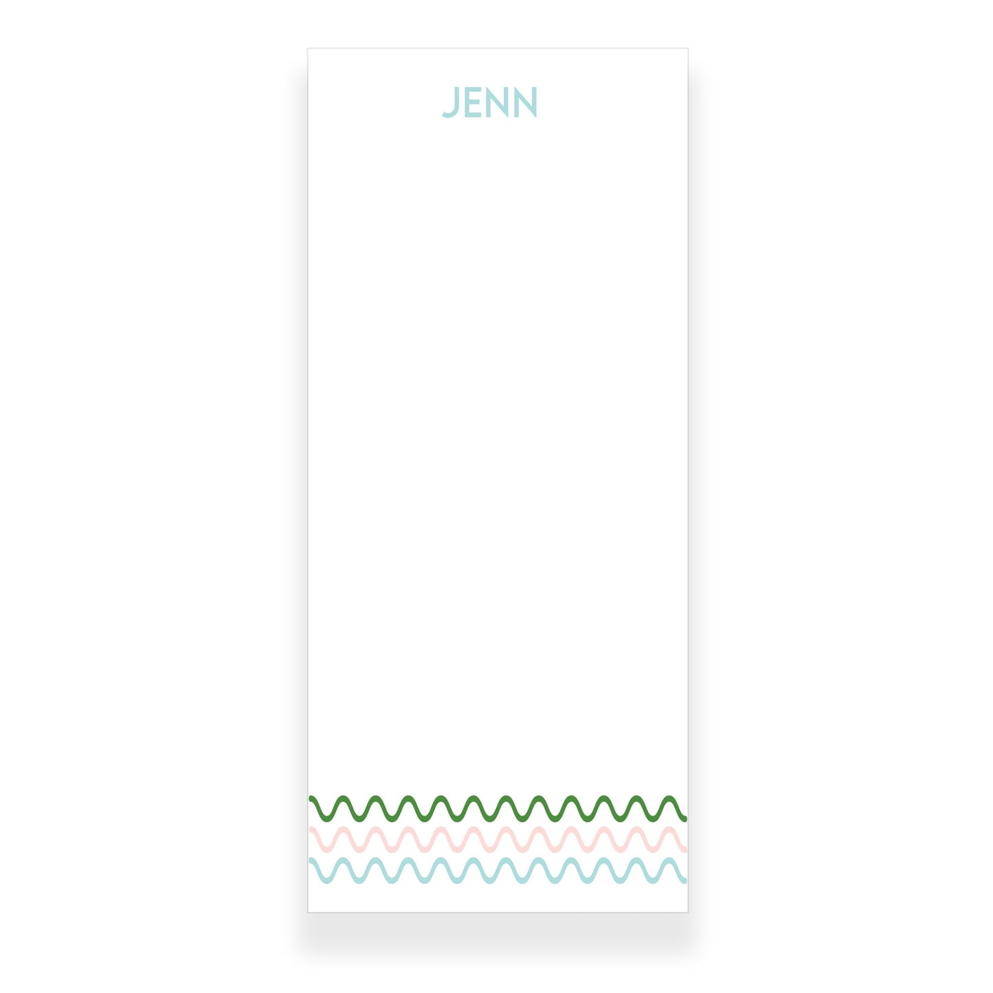 Personalized white notepad with green, pink and blue wavy lines, custom name at top, available in 4 sizes