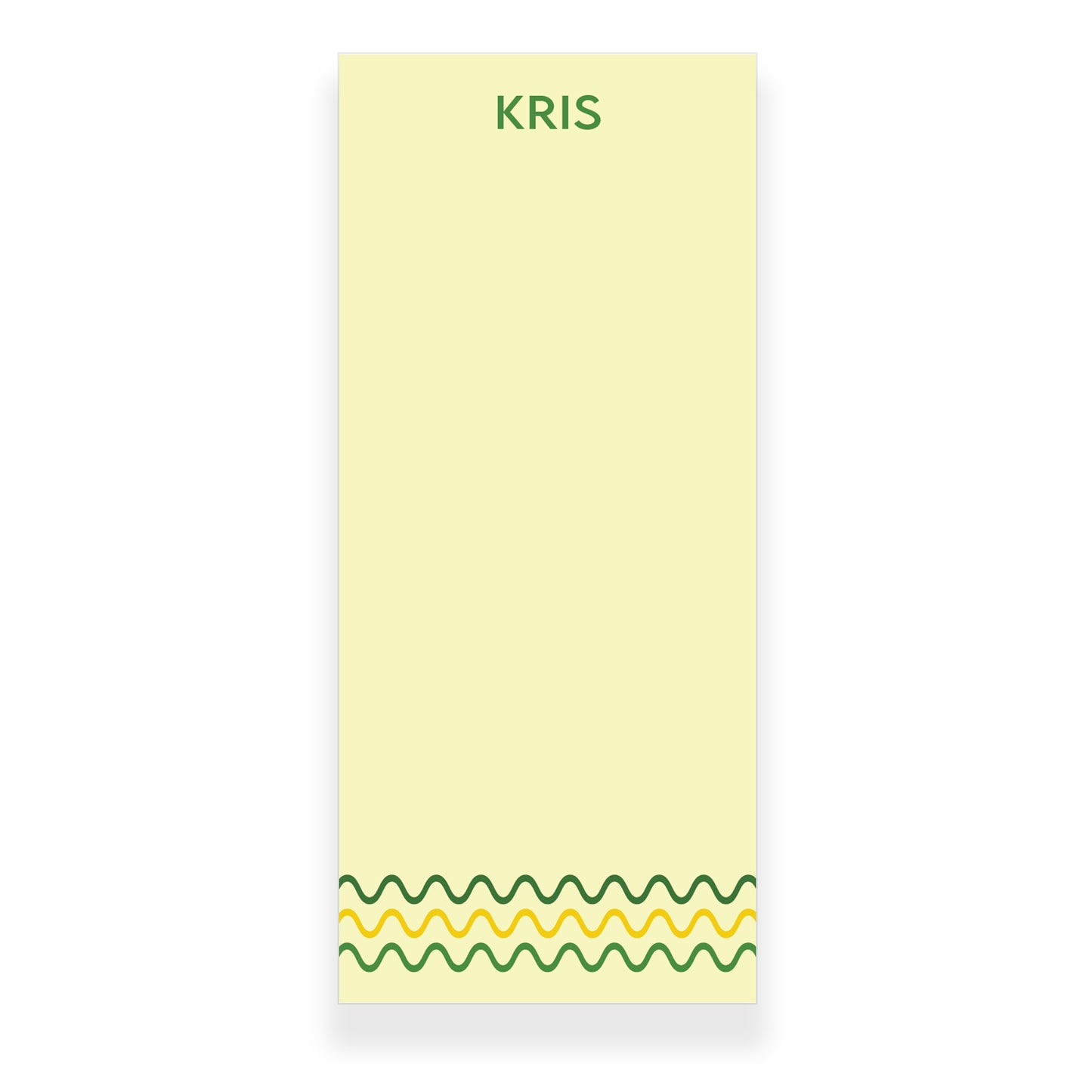 Personalized yellow notepad with green and yellow wavy lines, custom name at top, available in 4 sizes