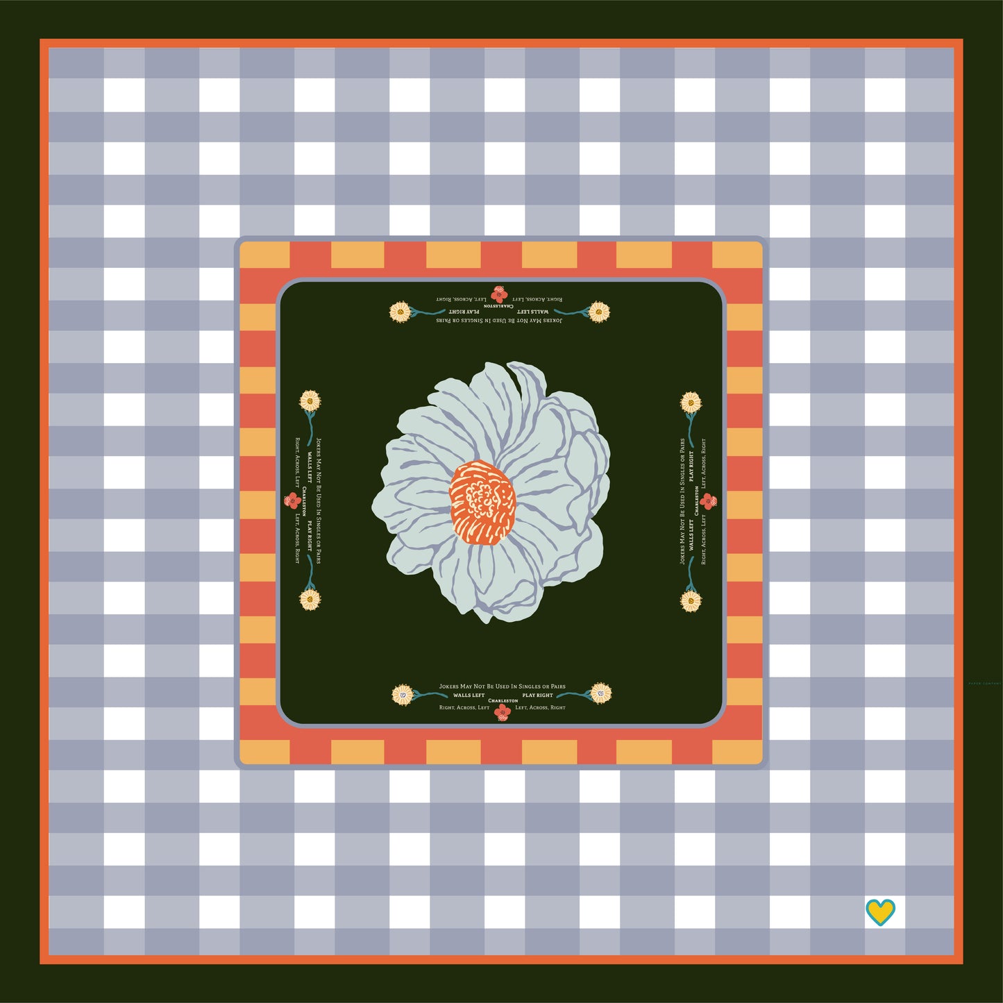 Decorative quilt with a floral design in a checkered border on a green background - Happy Yellow Paper Mahjong Tablecloth