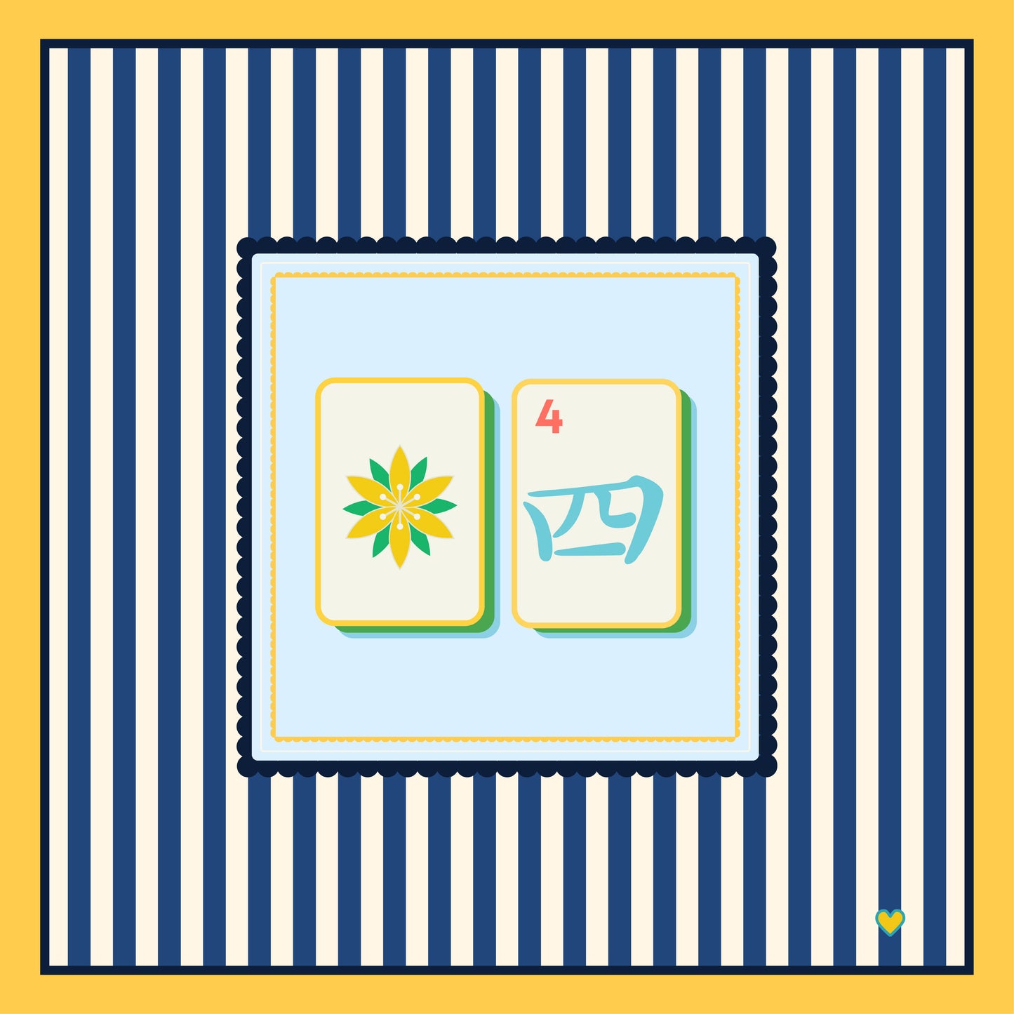 Mahjong tile design with yellow border, and White & Blue striped background - Happy Yellow Paper