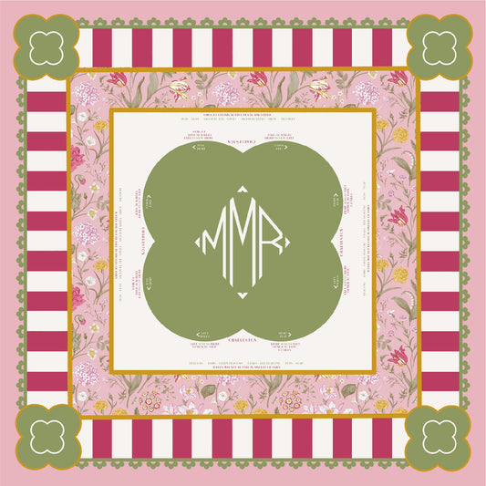Pink and green chinoiserie Mahjong tablecloth with striped border and monogram. Happy Yellow Paper