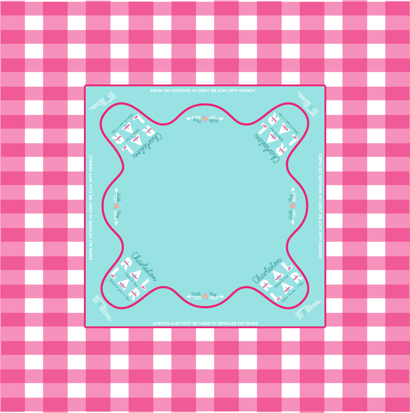 Pink Buffalo Check and Teal Mahjong tablecloth with or without monogram.