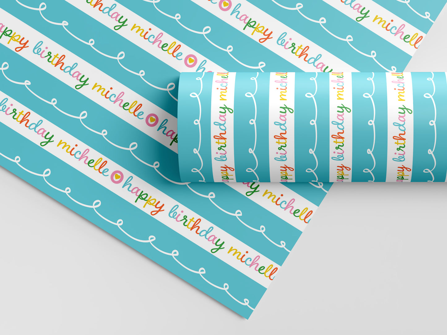 Happy Birthday Blue Stripe Personalized Gift Wrap