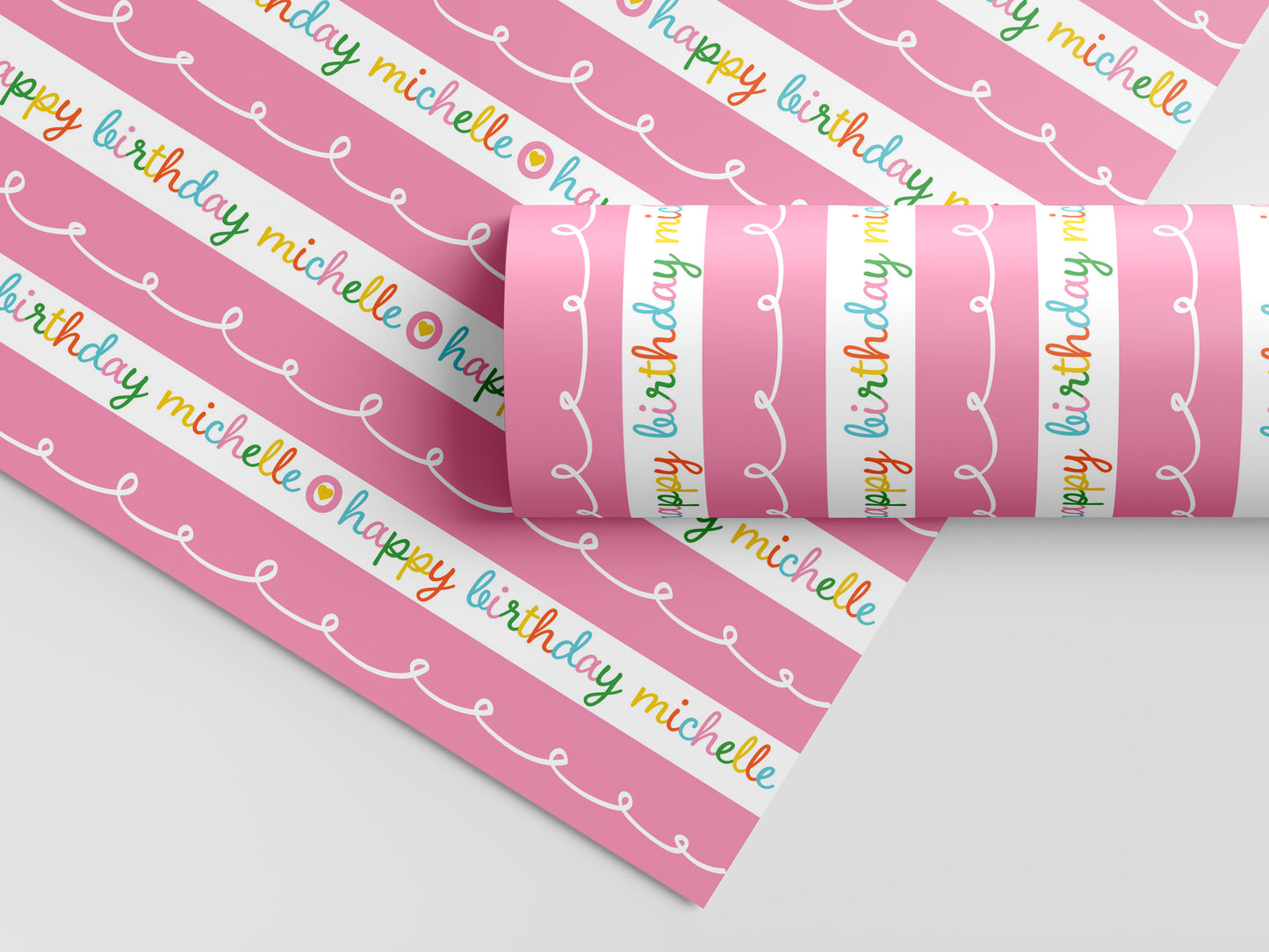 Happy Birthday Pink Stripe Personalized Gift Wrap