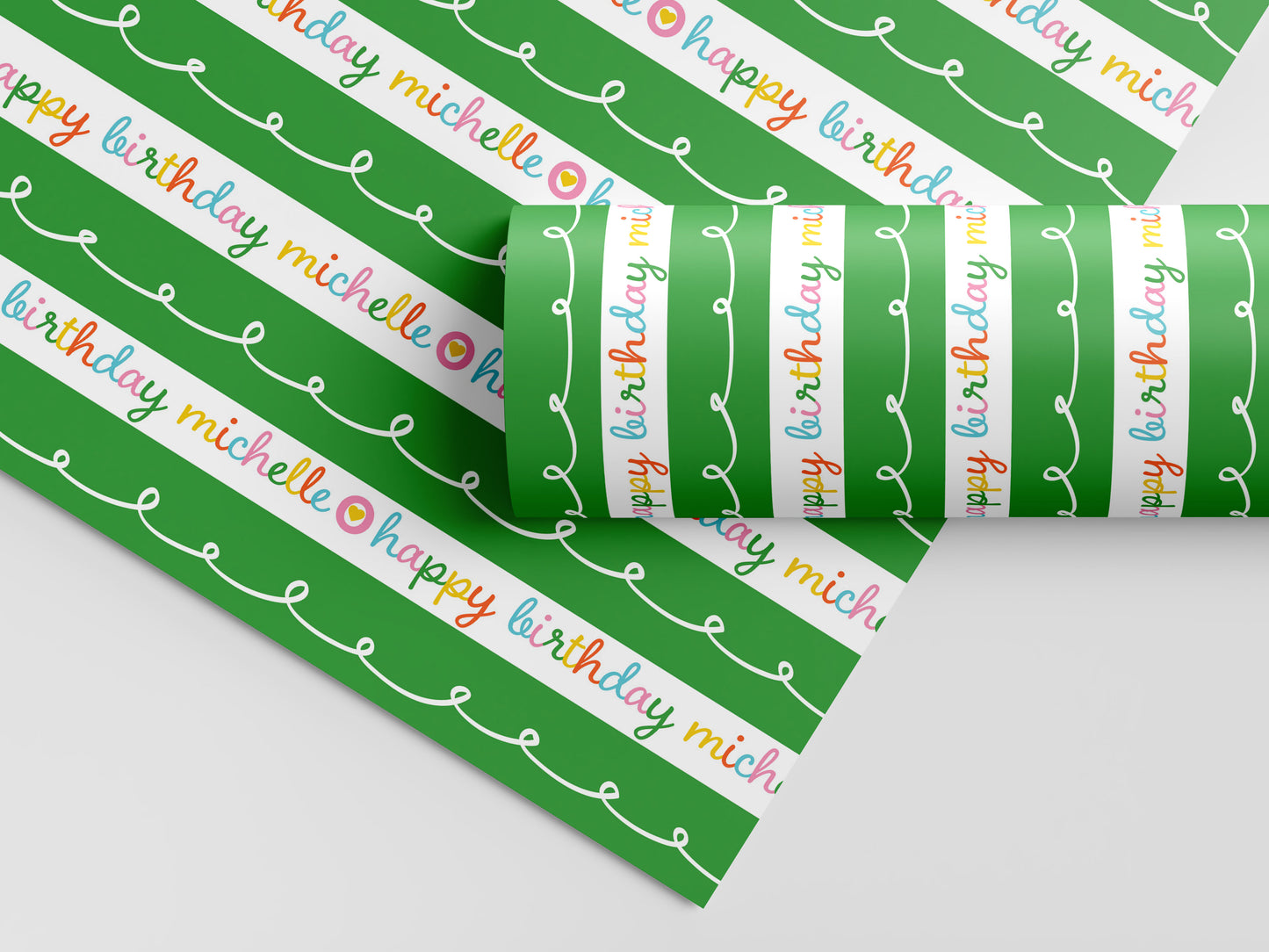 Happy Birthday Green Stripe Personalized Gift Wrap