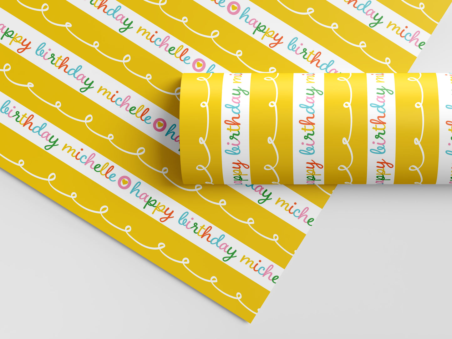 Happy Birthday Yellow Stripe Personalized Gift Wrap
