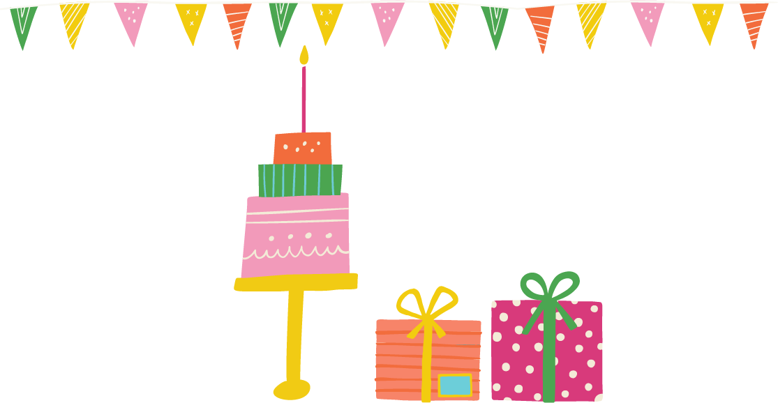 Colorful birthday cake and presents with a banner of small flags on a white background - Happy Yellow Paper