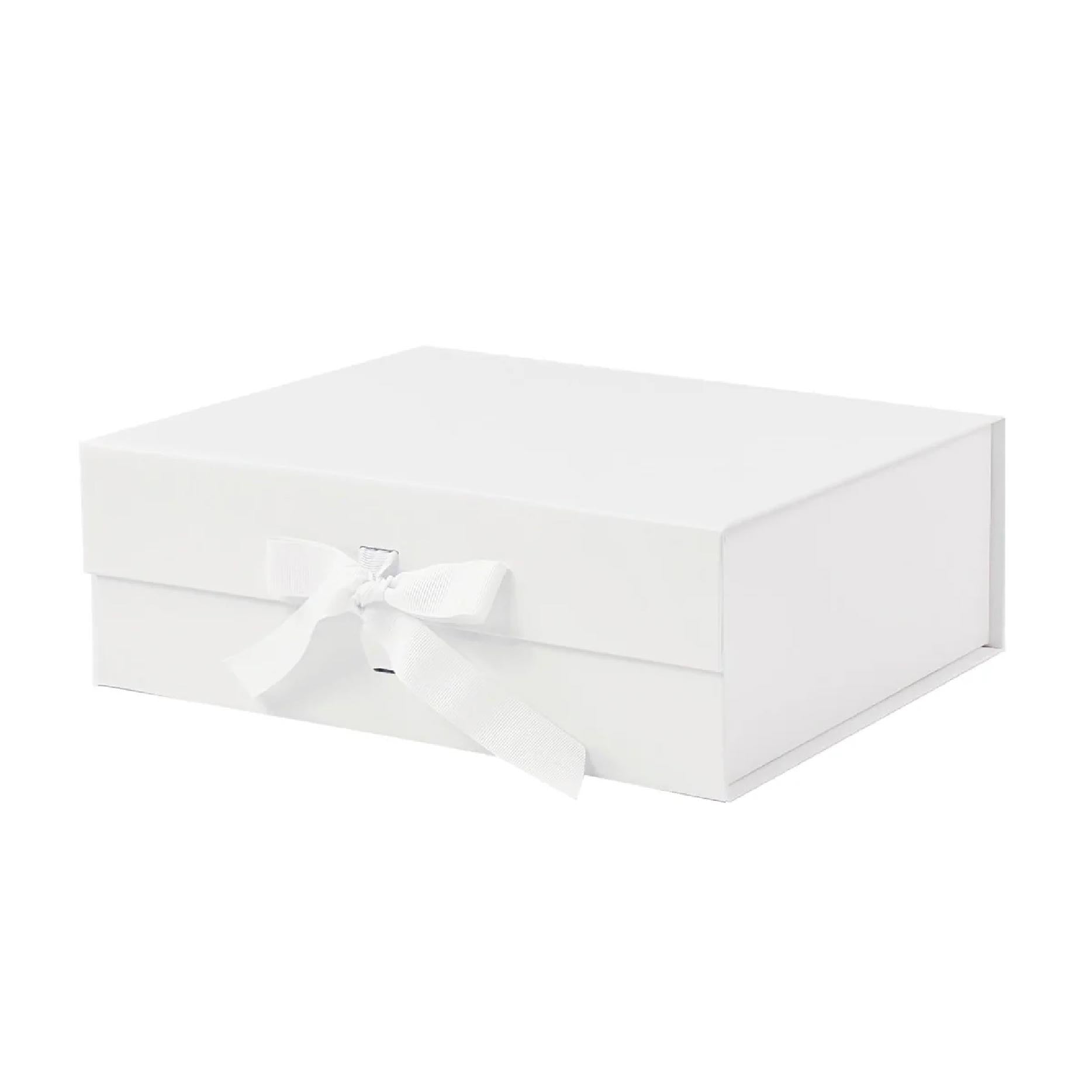 White magnetic gift box with satin bow for Mahjong tablecloth packaging.
