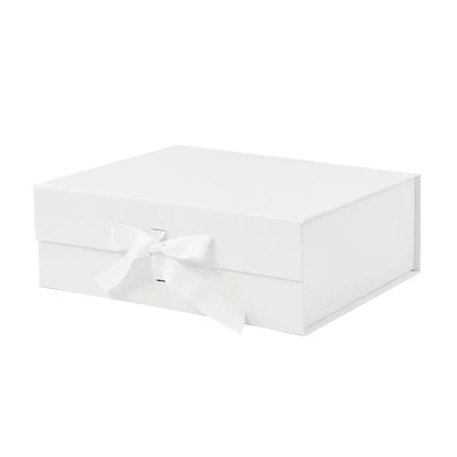 White magnetic gift box with satin bow for Mahjong tablecloth packaging.