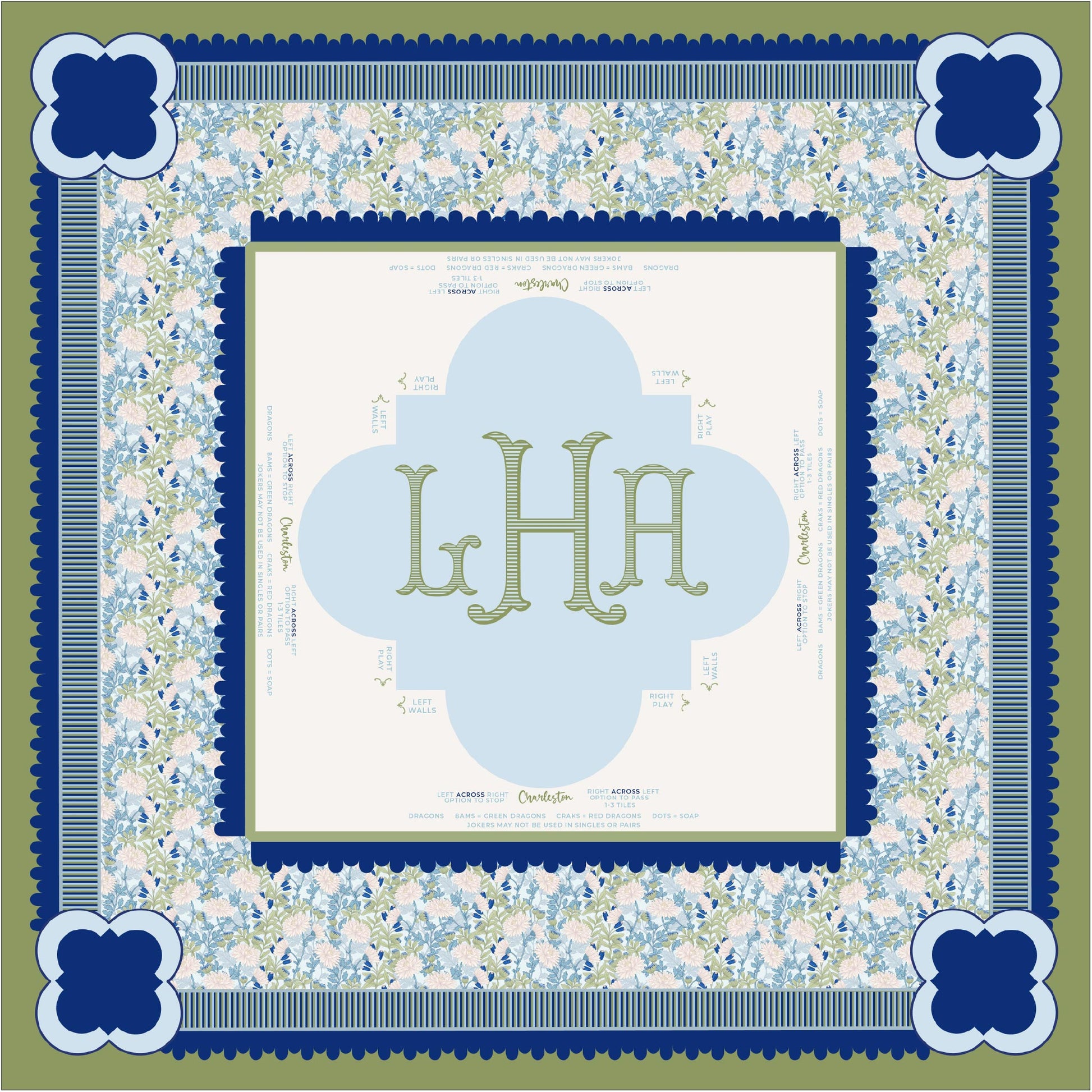 Mahjong Tablecloth Blue Floral and Stripe