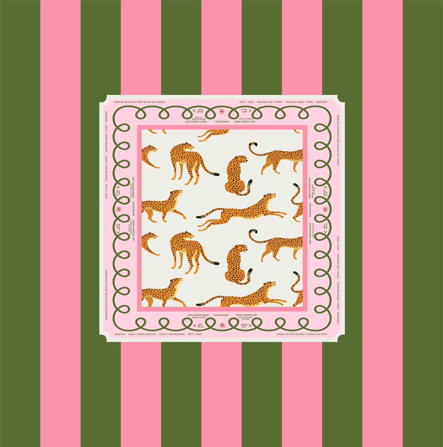 Mahjong tablecloth Leopard Pink & Green Stripe cotton 58 x 58