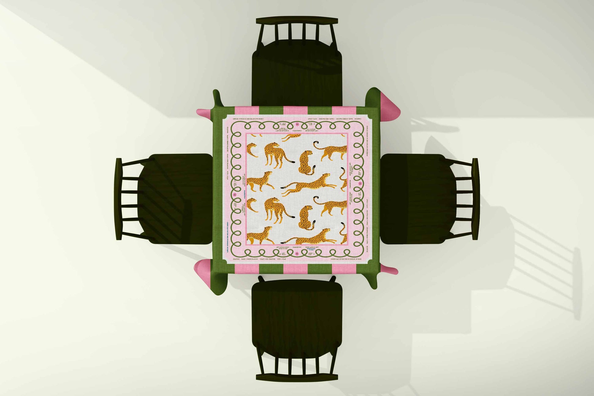 Mahjong Tablecloth Top-down view Leopard with Pink & Green Stripes