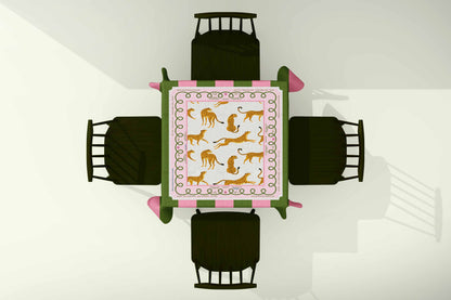 Mahjong Tablecloth Top-down view Leopard with Pink & Green Stripes