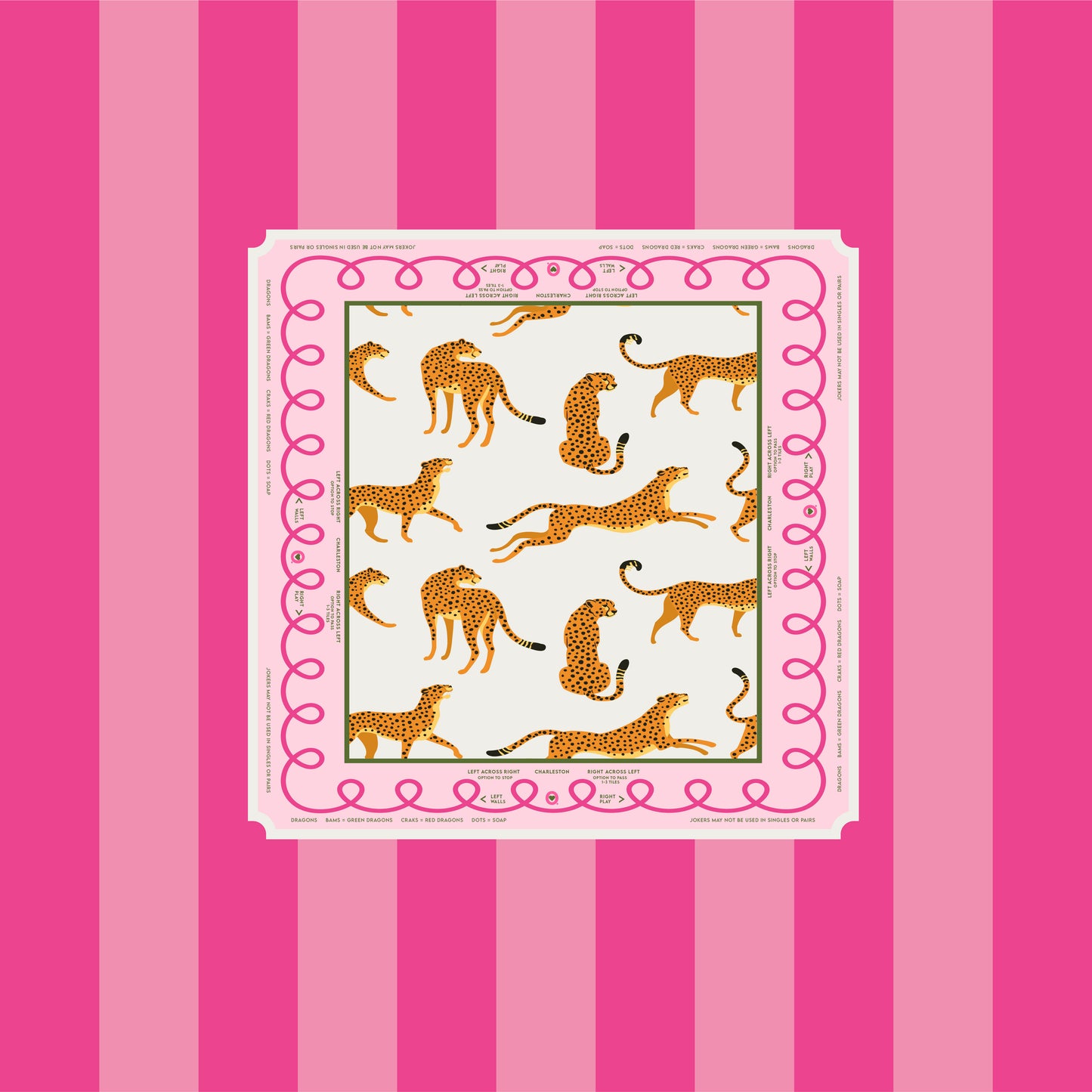 Mahjong tablecloth Leopard Pink & Green Stripe cotton 58 x 58