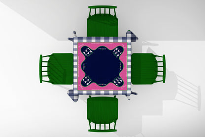 Mahjong Tablecloth Top-down view Navy Buffalo Check with Pink