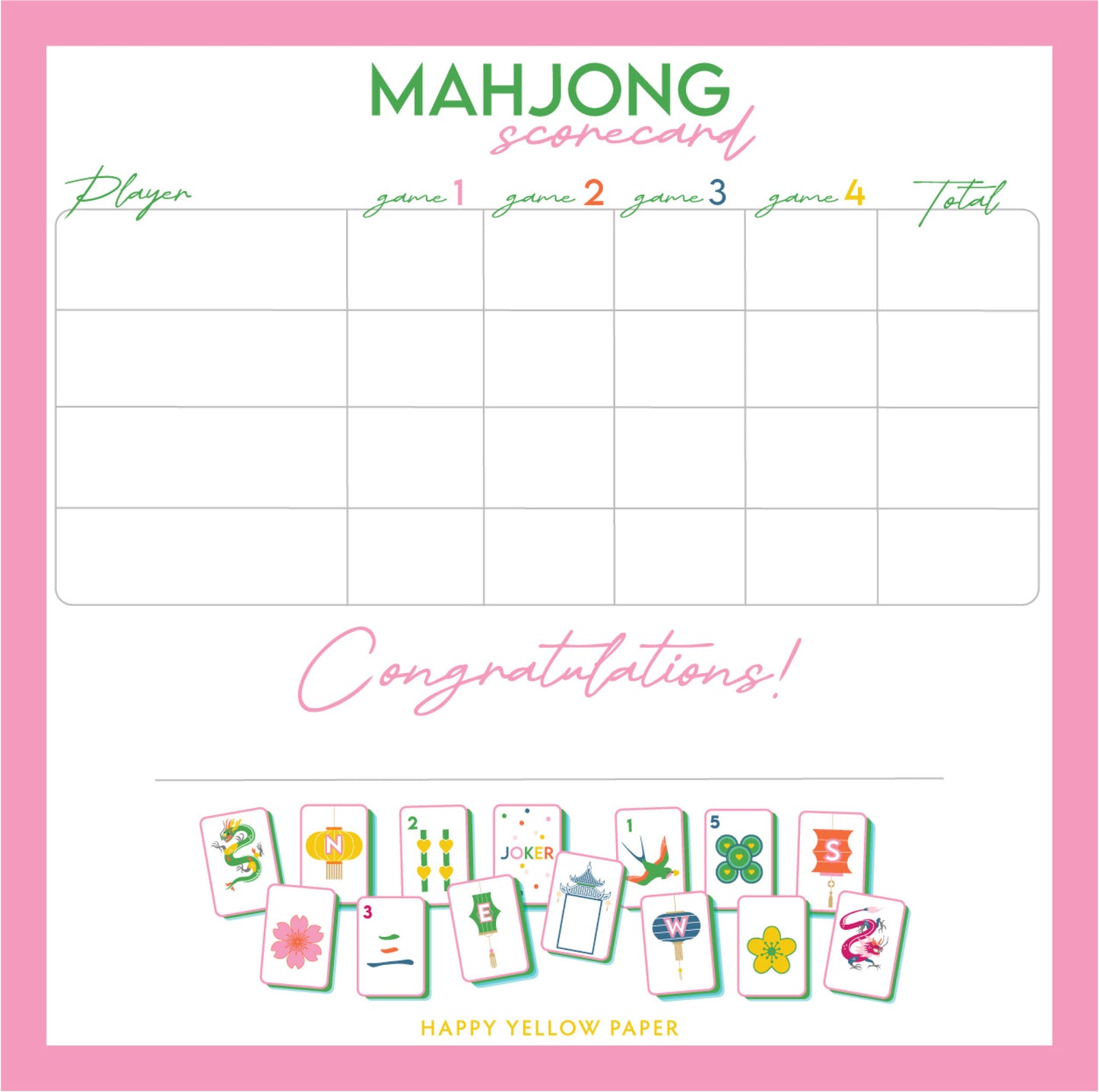 Mahjong scorecard with colorful tiles and 'Happy Yellow Paper' branding on a pink border.