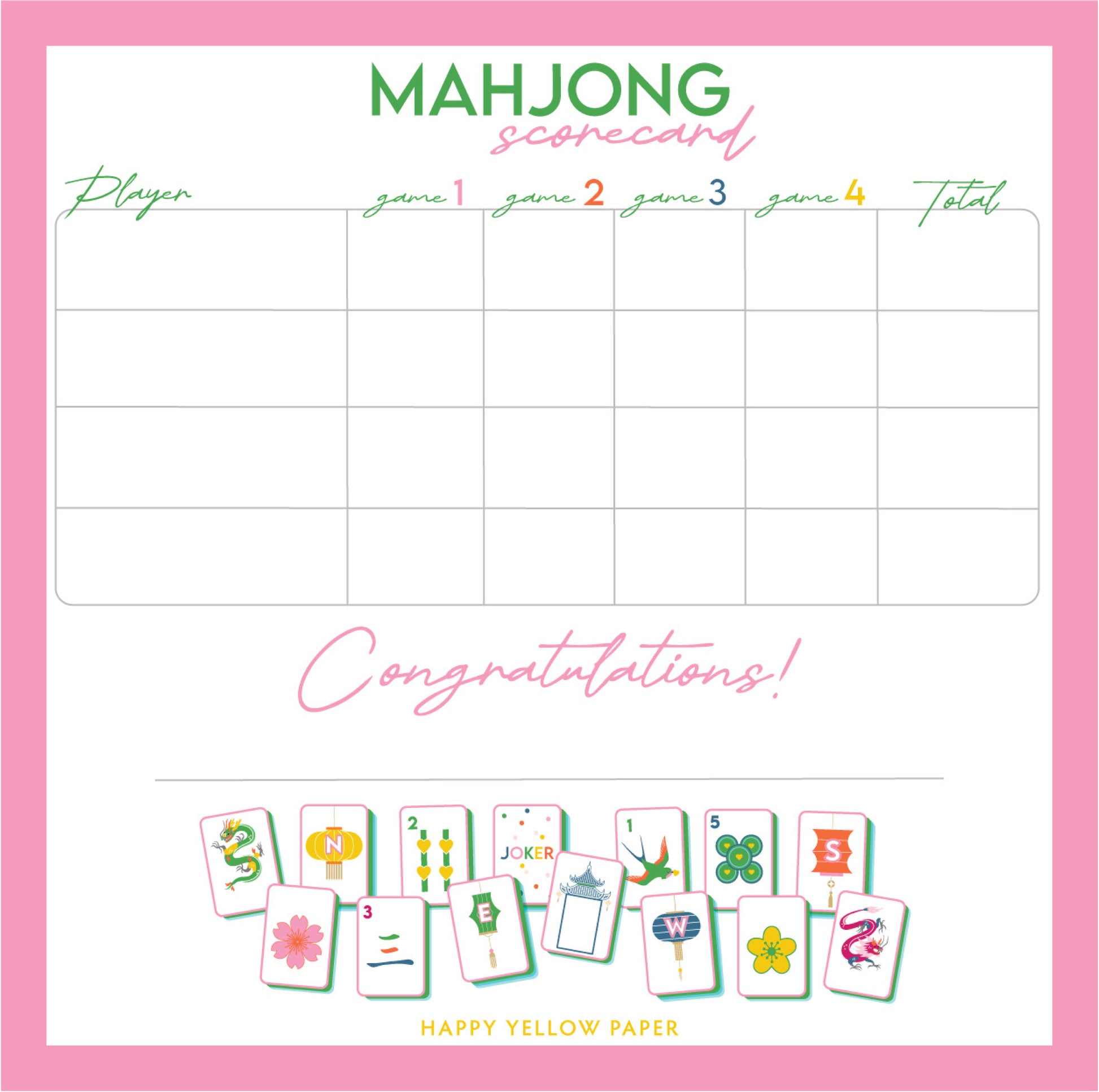 Mahjong scorecard with colorful tiles and 'Happy Yellow Paper' branding on a pink border.