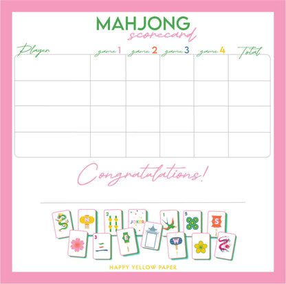 Mahjong scorecard with colorful tiles and 'Happy Yellow Paper' branding on a pink border.