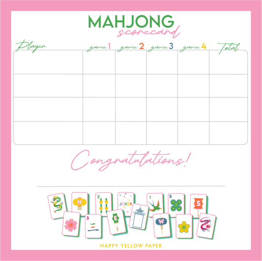 Mahjong scorecard with colorful tiles and 'Happy Yellow Paper' branding on a pink border.