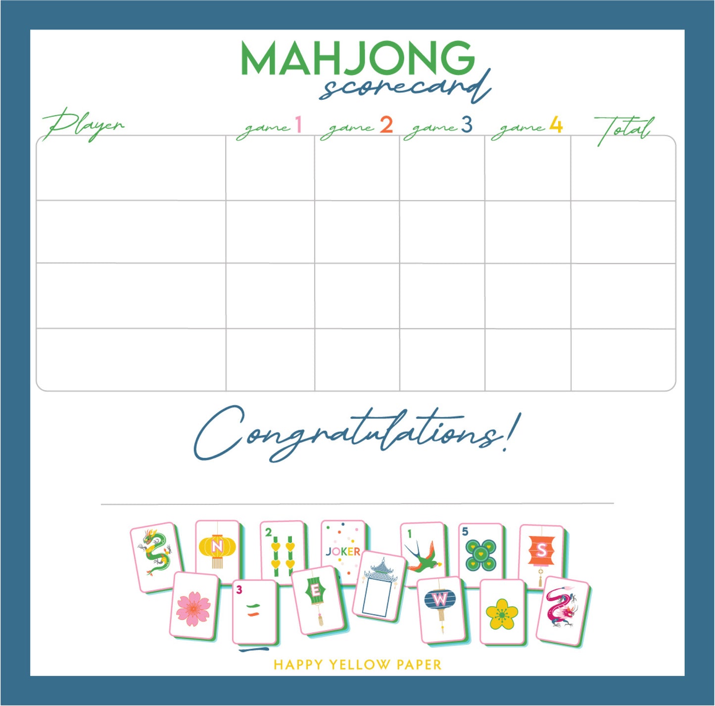 Mahjong scorecard with colorful tiles at the bottom, on a white background