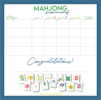 Mahjong scorecard with colorful tiles at the bottom, on a white background