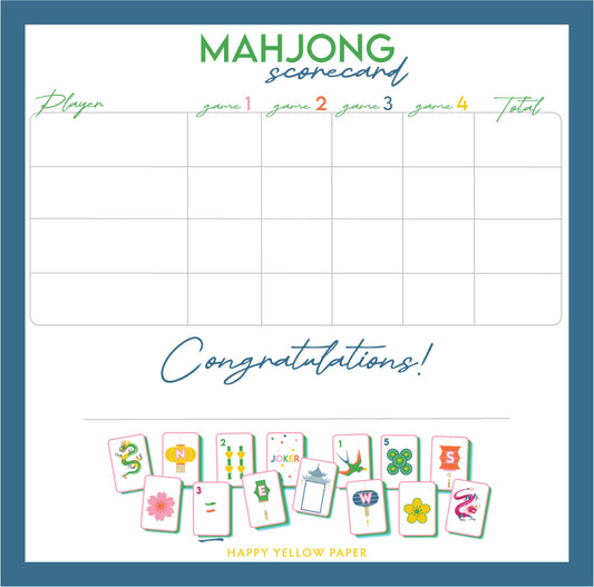 Mahjong scorecard with colorful tiles at the bottom, on a white background