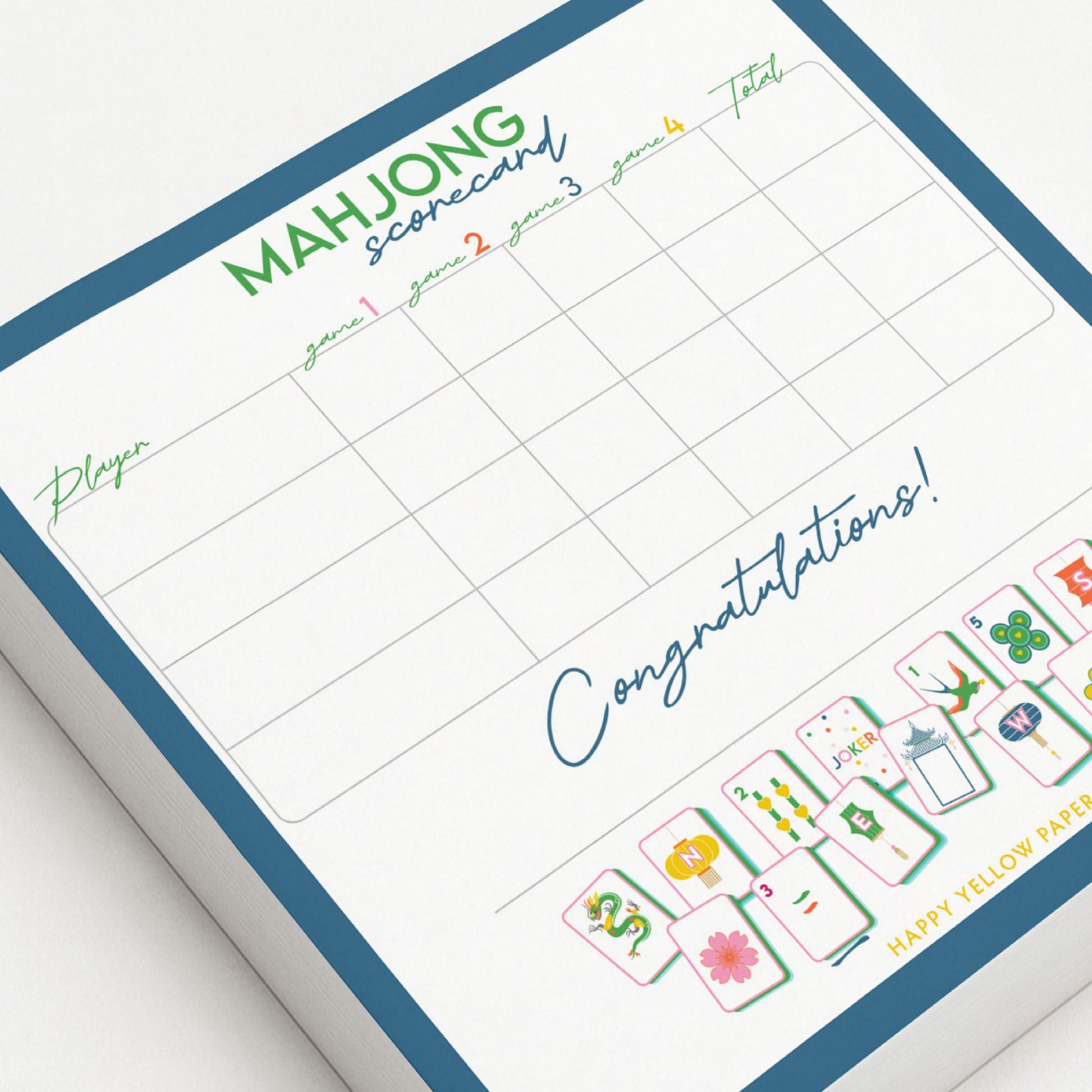 Mahjong scorecard with colorful tiles and 'Congratulations!' text on a white background - Happy Yellow Paper