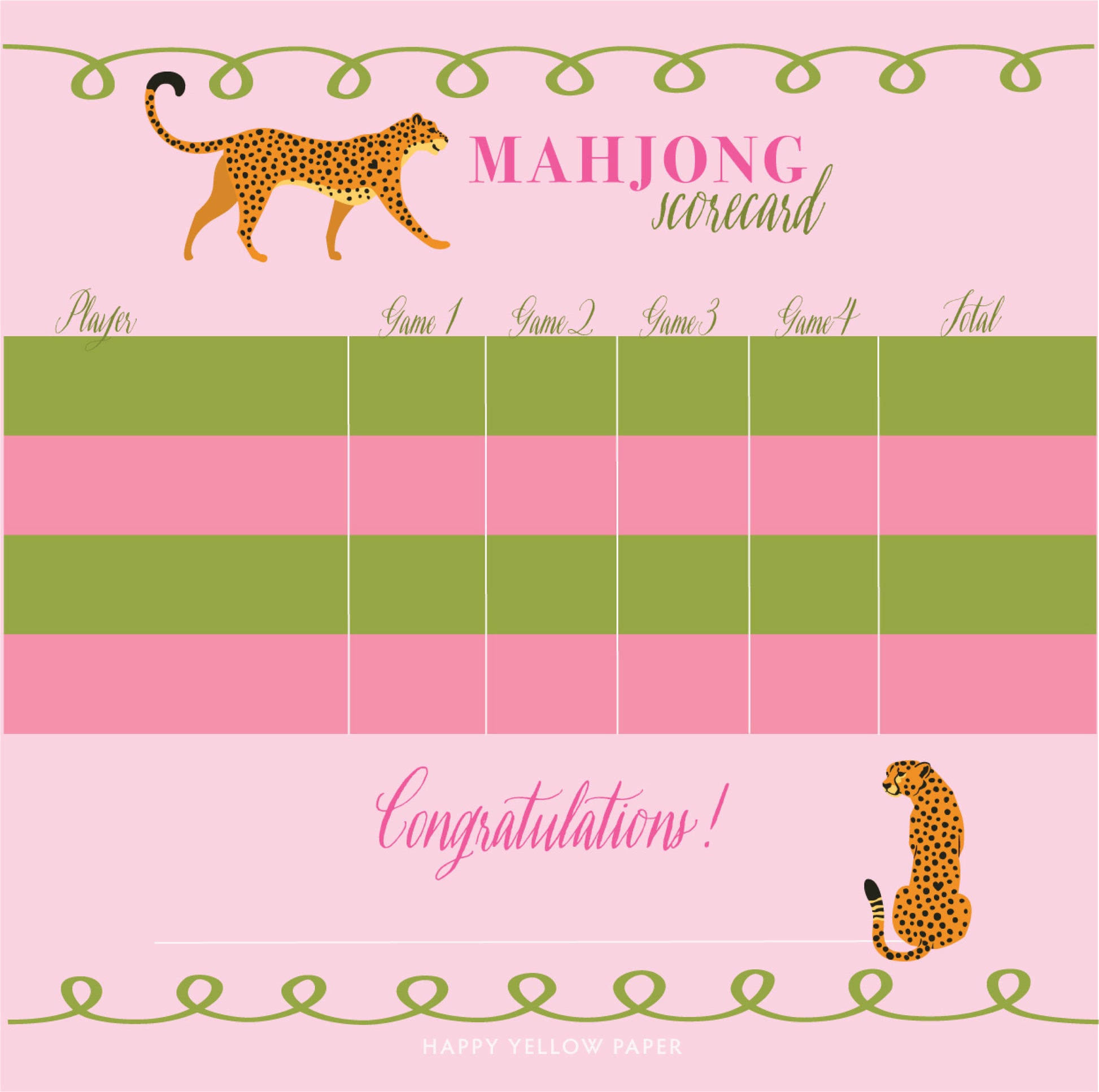 Mahjong score card with cheetah illustrations on a pink background