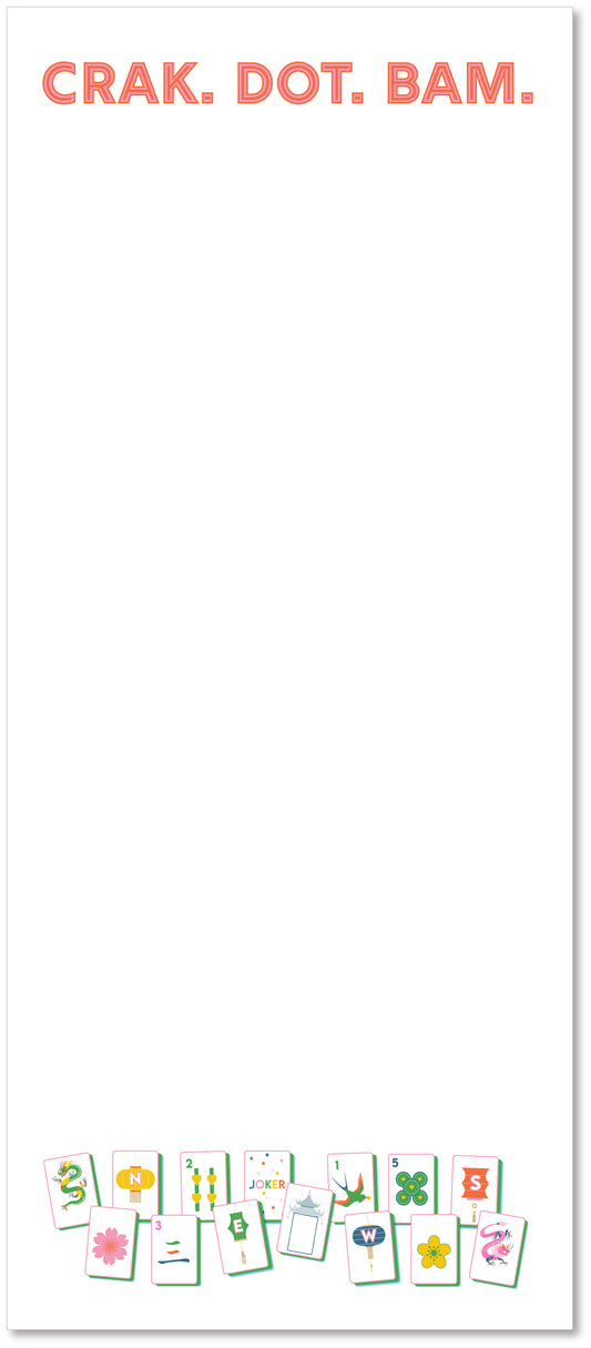 Notepad with colorful Mahjong Tiles and text 'CRAK. DOT. BAM.' at the top