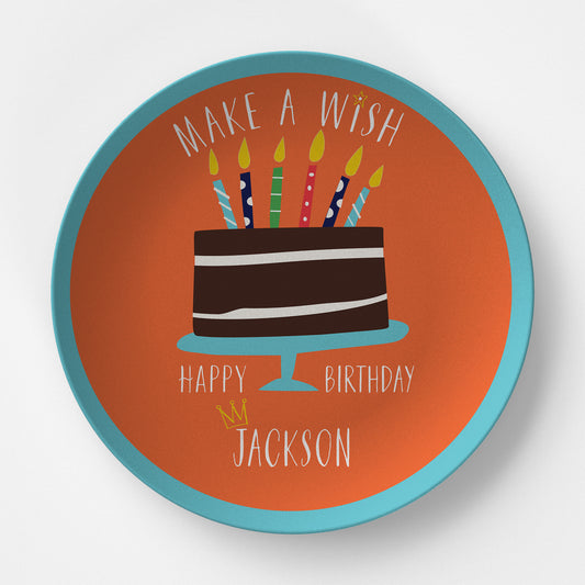Happy Birthday Make a Wish Orange & Blue Personalized Kids Plate