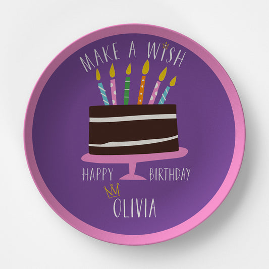 Happy Birthday Make a Wish Purple & Pink Personalized Kids Plate