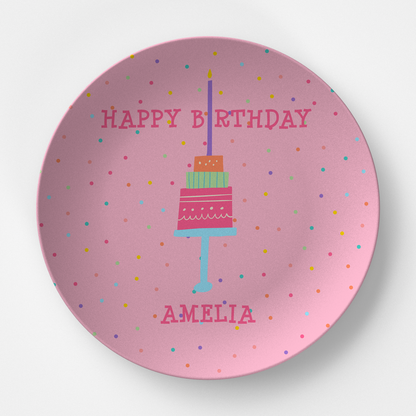 Happy Birthday Pink with Confetti Personalized Plate