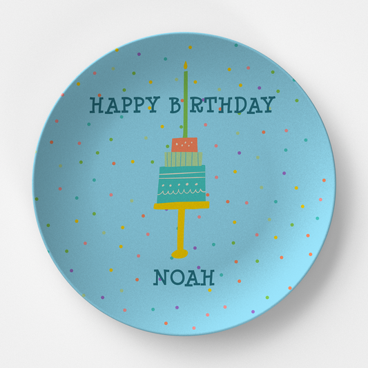 Happy Birthday Blue with Confetti Personalized Kids Plate from Happy Yellow Paper