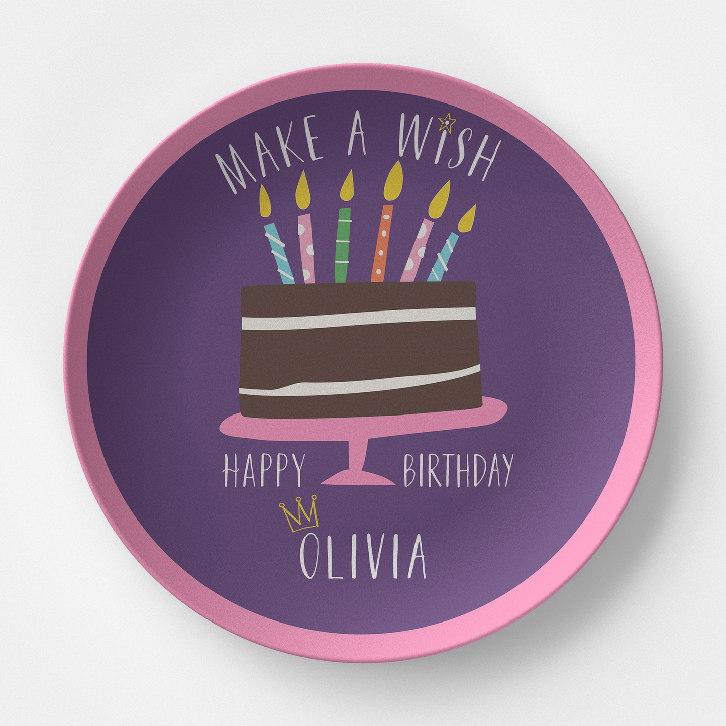 Happy Birthday Make a Wish Purple & Pink Personalized Kids Plate from Happy Yellow Paper