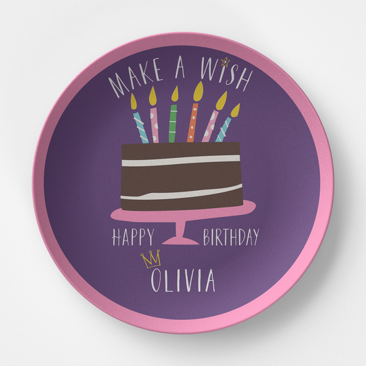 Happy Birthday Make a Wish Purple & Pink Personalized Kids Plate from Happy Yellow Paper