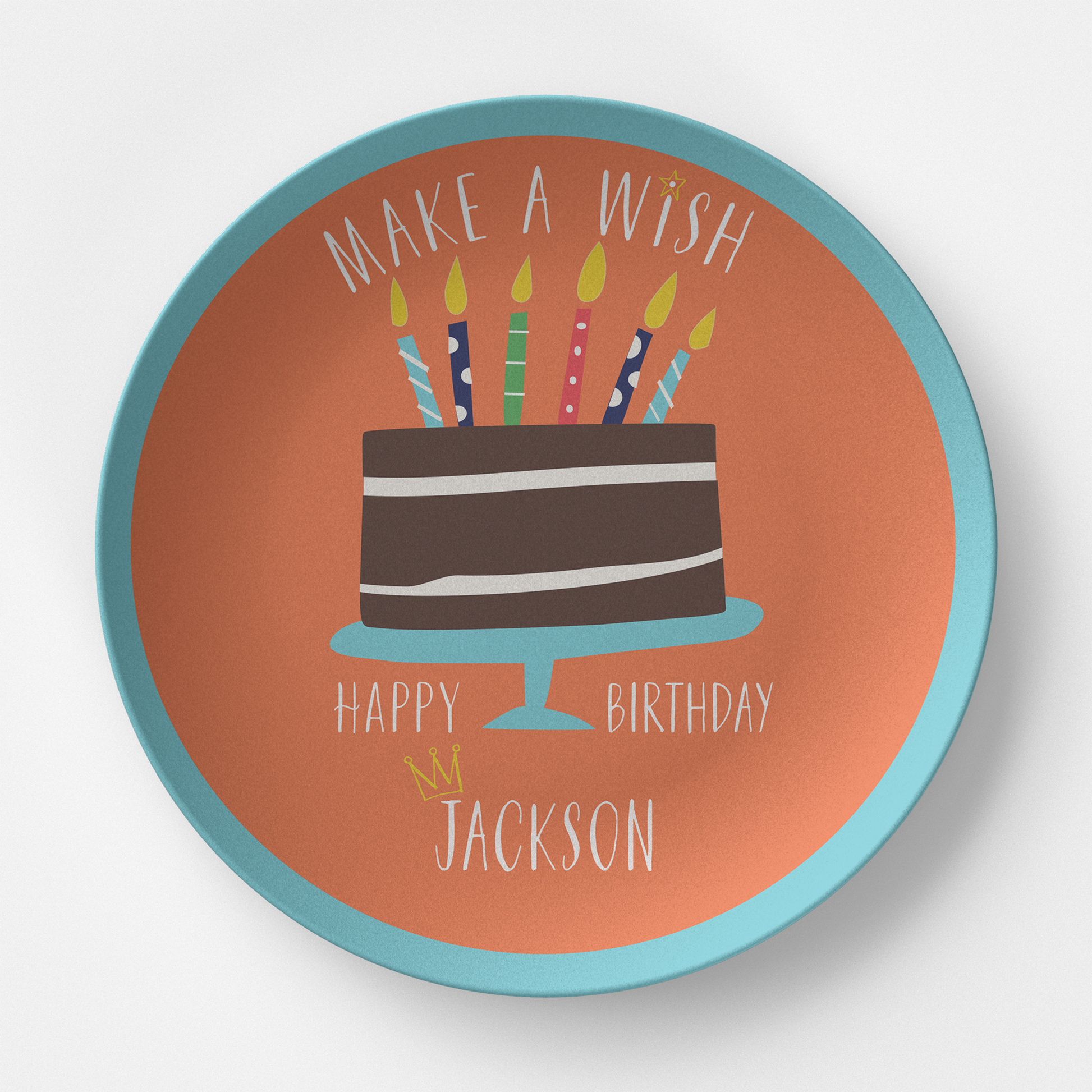 Happy Birthday Make a Wish Orange & Blue Personalized Kids Plate from Happy Yellow Paper